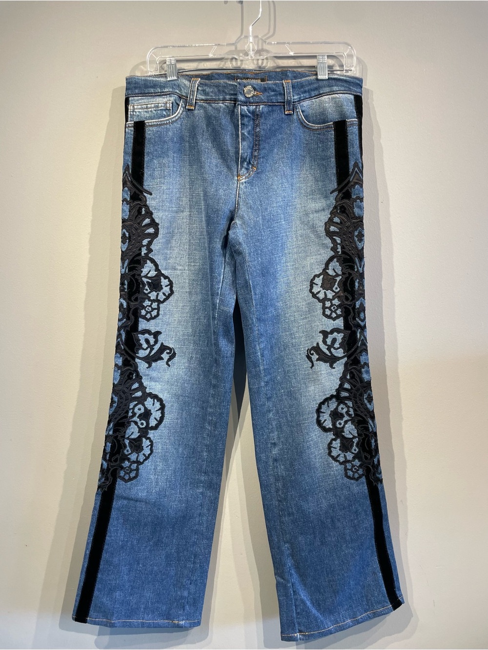 Roberto Cavalli Blue Denim Bootcut Jeans with Black Embroidered Side Panels L